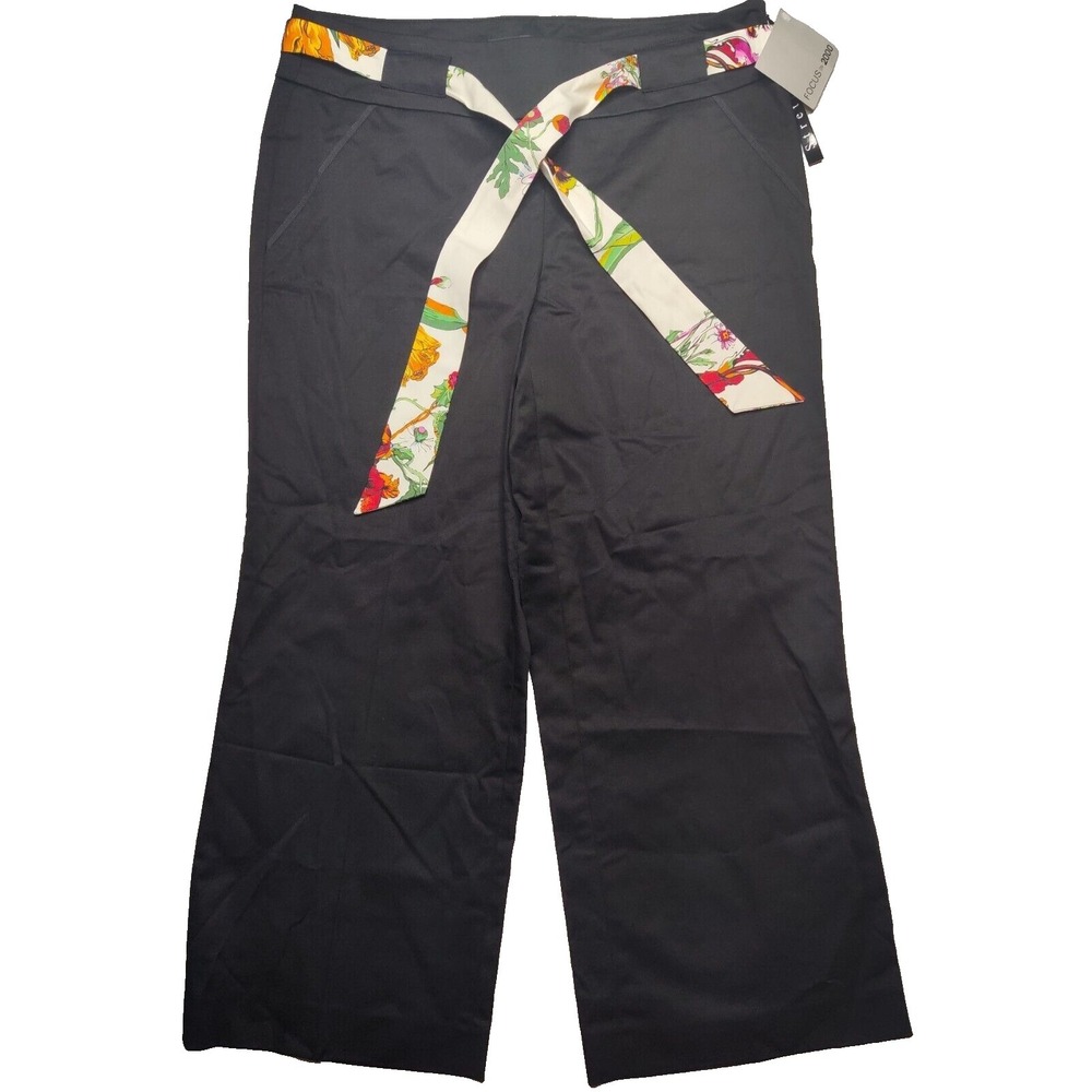 Focus 2000 WIDE LEG CROP Women 10 Black Pull-on Floral Tie Belt Pants‎ NEW